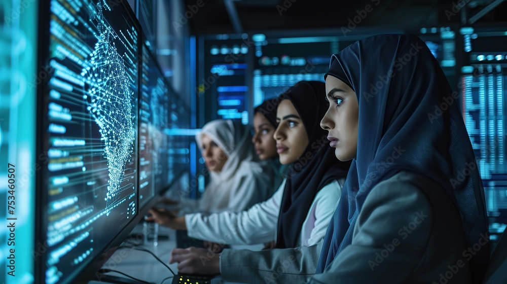 Team of Talented Young Middle Eastern Professionals Working in a Technological Research and Development Agency. Computer Screens with Software Code and Technical Neural Network Diagrams. Team of Talented Young Middle Eastern Professionals Working in a Technological Research and Development Agency. Computer Screens with Software Code and Technical Neural Network Diagrams.