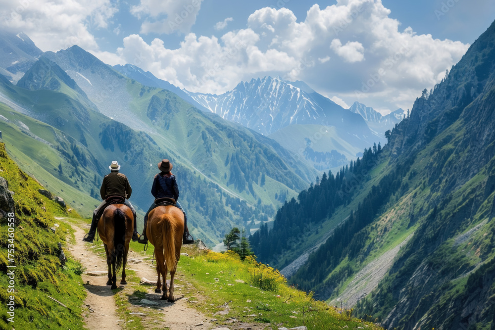 Equestrian Adventure for Two Riding Horses on a Mountain Trail with Breathtaking Valley View
