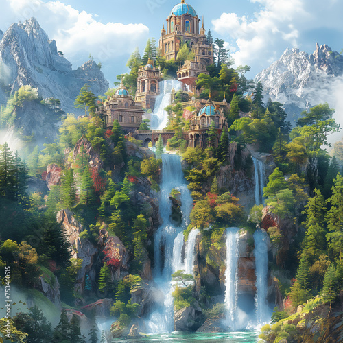 A fairytale palace in the mountains with a waterfall, trees, and clouds, AI generated