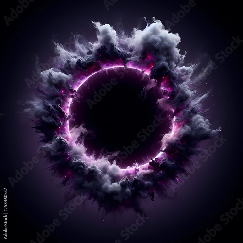 Smoke exploding outward from circular empty center, dramatic smoke or fog effect with purple scary glowing 