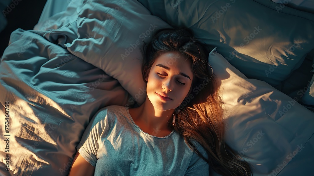 Top View Apartment: Beautiful Young Woman Sleeps Charmingly in Her Bed, Turns off Smartphone Alarm Clock, Greets a New Day with Happiness and Smiles. Top View Apartment: Beautiful Young Woman Sleeps Charmingly in Her Bed, Turns off Smartphone Alarm Clock, Greets a New Day with Happiness and Smiles.