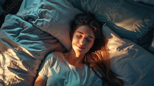 Top View Apartment: Beautiful Young Woman Sleeps Charmingly in Her Bed, Turns off Smartphone Alarm Clock, Greets a New Day with Happiness and Smiles.