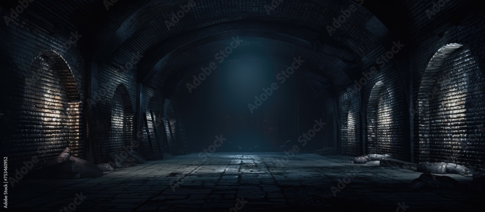 Neon lit dark tunnel with brick walls and floodlights - obrazy, fototapety, plakaty 