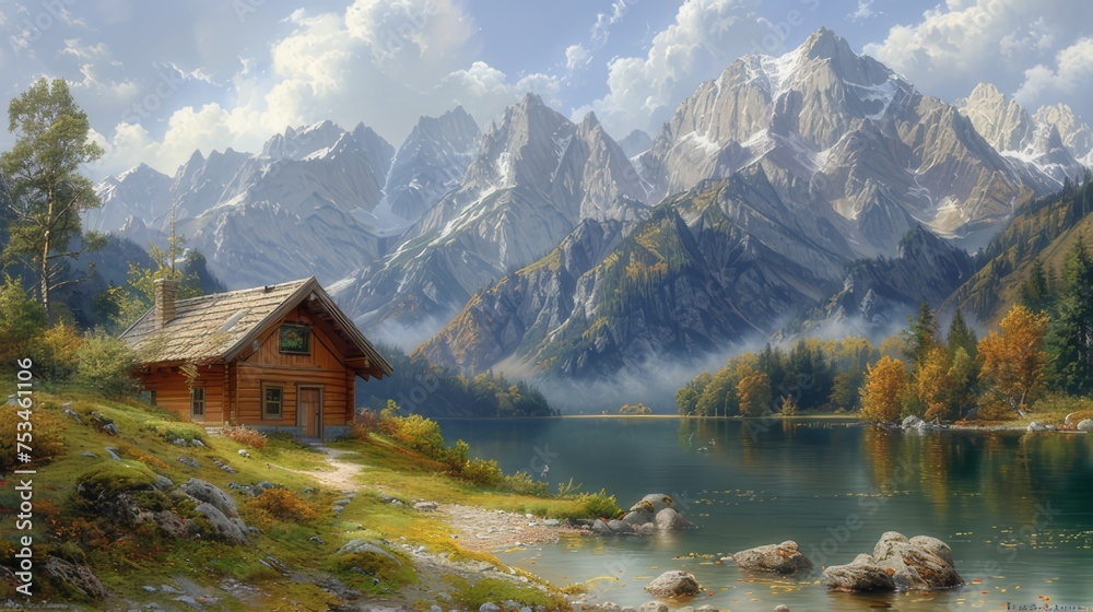 Illustration of a mountain landscape with a small hut by a lake