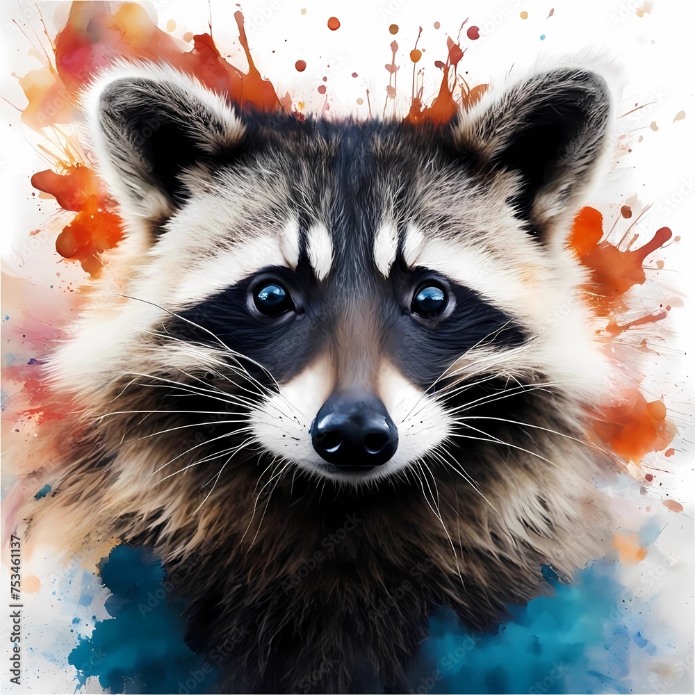 А close up of a raccoon's face with watercolor paint splatters in the background. Generative AI