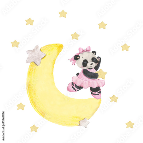 Cute panda ballerina dancing on the moon. Watercolor illustration is suitable for decorating birthdays, holidays, postcards, invitations, etc.