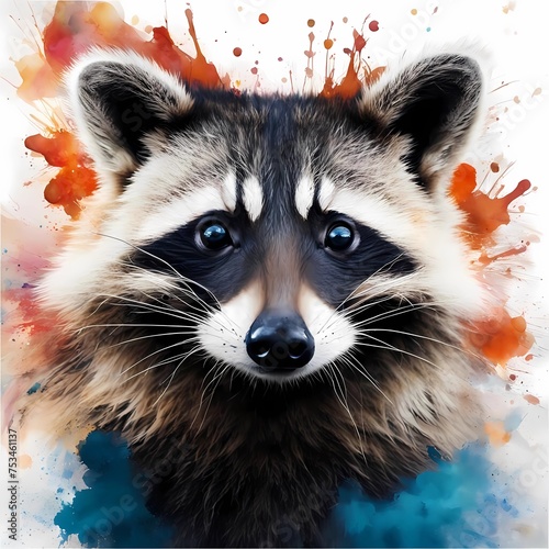 А close up of a raccoon's face with watercolor paint splatters in the background. Generative AI © Karen