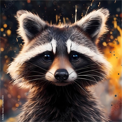    close up of a raccoon s face with watercolor paint splatters in the background. Generative AI