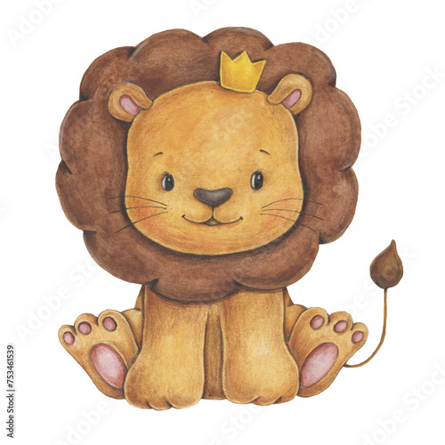 Cute cartoon lion cub with a crown. Watercolor illustration is suitable for decorating birthdays, holidays, postcards, invitations, etc.