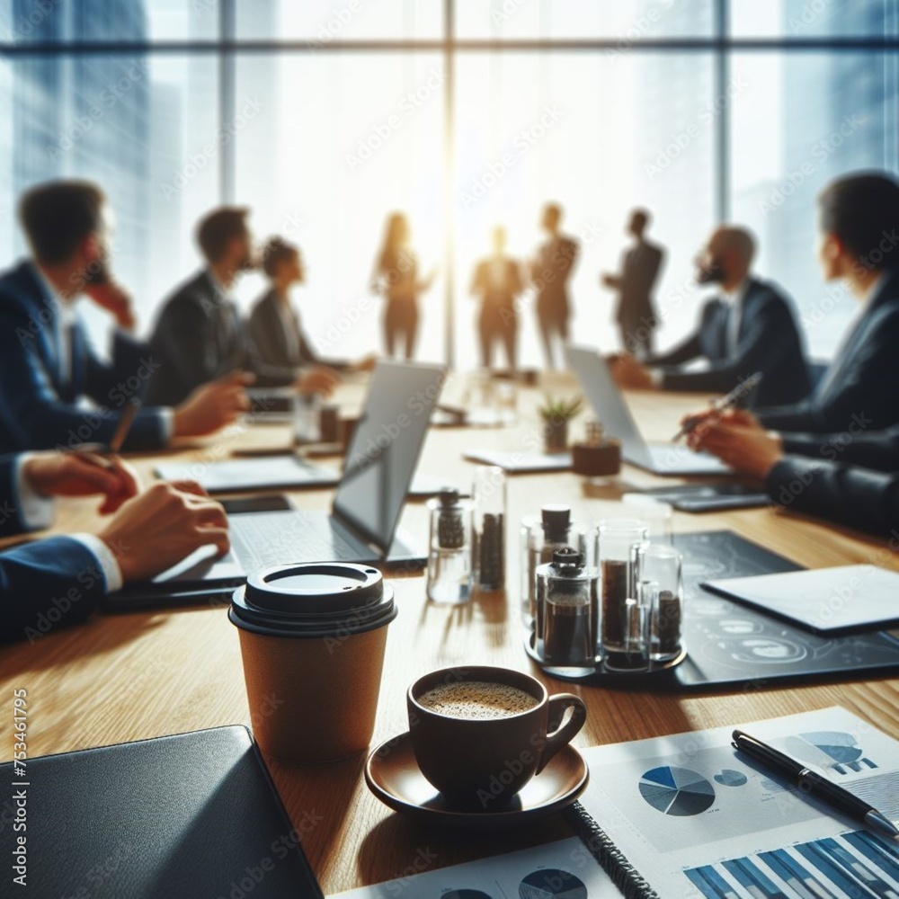 Close-up of coffee cups on a conference room table with blurred business professionals engaging in discussions in a bright corporate office - obrazy, fototapety, plakaty 