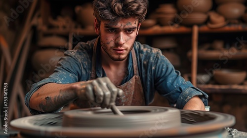 Young man behind a potter's wheel . copy space for text.