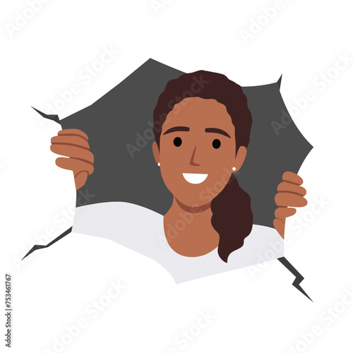Smiling woman look out of paper holes. Happy woman face stare at camera from torn holes. Flat vector illustration isolated on white background