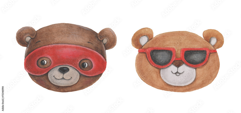 Fototapeta premium A set of cute bears' faces. Watercolor illustration is suitable for decorating birthdays, holidays, postcards, invitations, etc.