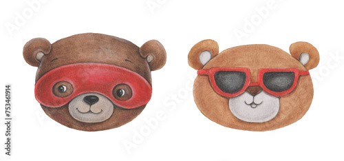 A set of cute bears' faces. Watercolor illustration is suitable for decorating birthdays, holidays, postcards, invitations, etc.