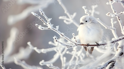Little cute fluffy white bird in hoarfrost on a branch under the snow in the Christmas park. Bird as a symbol of Christmas and New Year.