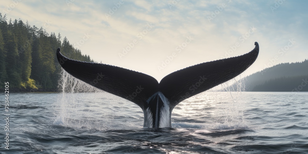 Fototapeta premium In the vast expanse of the ocean, the majestic humpback whale raises its tail, creating a captivating seascape that speaks to the beauty of marine life