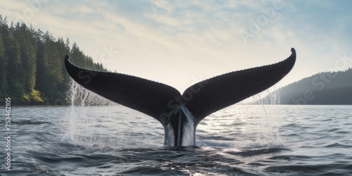 In the vast expanse of the ocean, the majestic humpback whale raises its tail, creating a captivating seascape that speaks to the beauty of marine life © jambulart