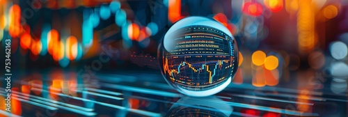 A close up of a crystal ball on a table reflecting stock market charts and financial symbols predicting the future of finance photo