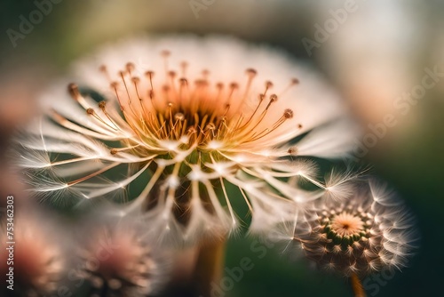 A tranquil and atmospheric photograph capturing the serene beauty of a peach-colored dandelion.