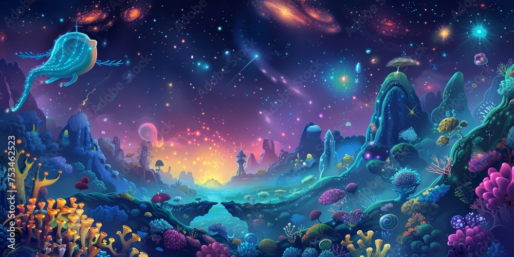 A night sky realm where children ride shooting stars exploring galaxies with alien friends in mesmerizing 3D detail - obrazy, fototapety, plakaty 