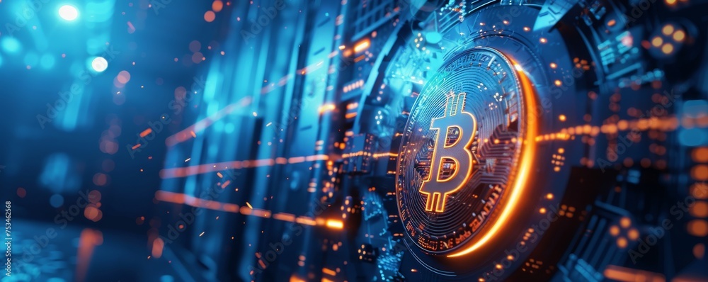 Obraz premium A secure high tech vault door opening to reveal glowing digital currency symbols illustrating the concept of cryptocurrency security and investment