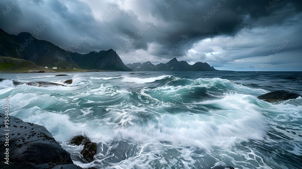 Fototapeta premium Lofoten, Norway. The beautiful dramatic waves sea view and cloudy sky in Lofoten. 