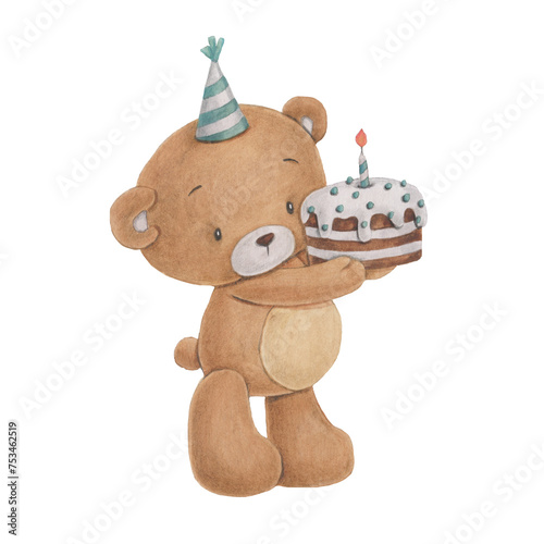 A teddy bear toy in a festive hat holds a cake. Watercolor illustration is suitable for decorating birthdays, holidays, postcards, invitations, etc.