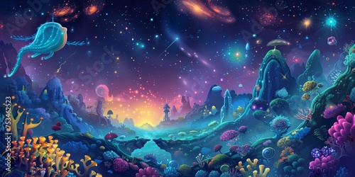 A night sky realm where children ride shooting stars exploring galaxies with alien friends in mesmerizing 3D detail photo