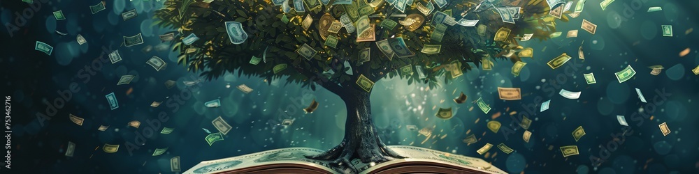A surreal illustration of a giant tree whose leaves are various currencies from around the world growing out of a book on economics symbolizing financial growth and knowledge - obrazy, fototapety, plakaty 