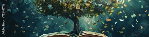 A surreal illustration of a giant tree whose leaves are various currencies from around the world growing out of a book on economics symbolizing financial growth and knowledge photo