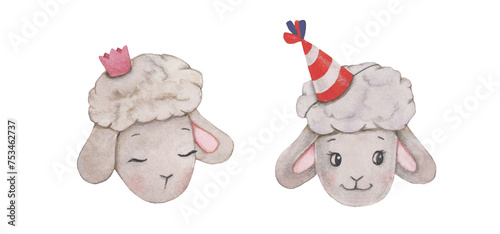 A set of cute animal sheep faces. Watercolor illustration is suitable for decorating birthdays, holidays, postcards, invitations, etc.