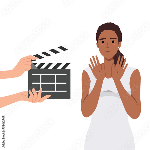 Woman movie star is embarrassed sees clapboard passing casting call for role. Flat vector illustration isolated on white background