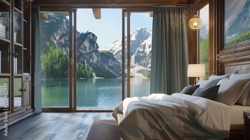 luxury interior hotel room with wooden house, lake view, tree © PSCL RDL
