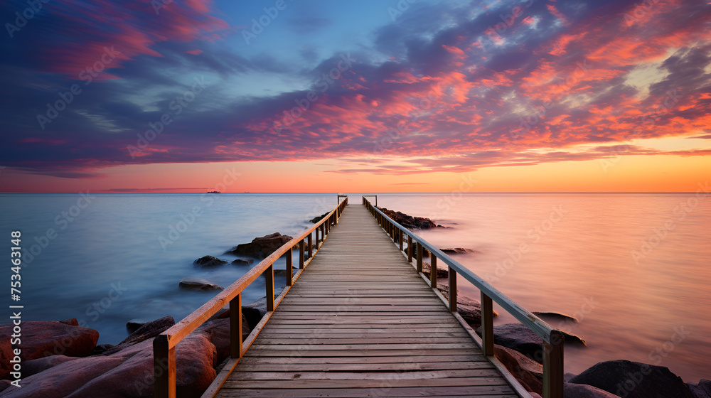 A wooden bridge over water scenicbeauty woodencharm under the blue sky background