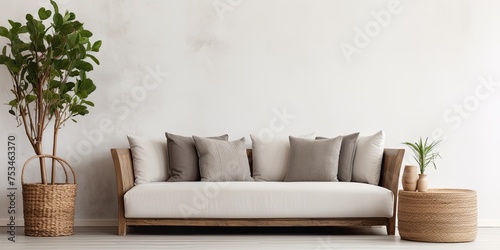 Couch and basket in a living room space. © Vusal