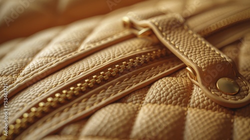Beige luxury leather handbag close-up, emphasizing clean design and sophistication. Leather texture details.