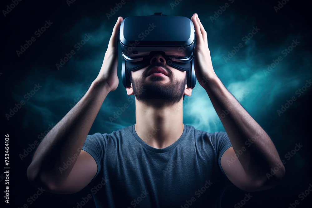 Guy in virtual reality glasses on a black background Guy in virtual reality glasses on a black background