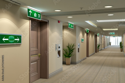 Modern Hospital Corridor with Directional Signage and Emergency Exits