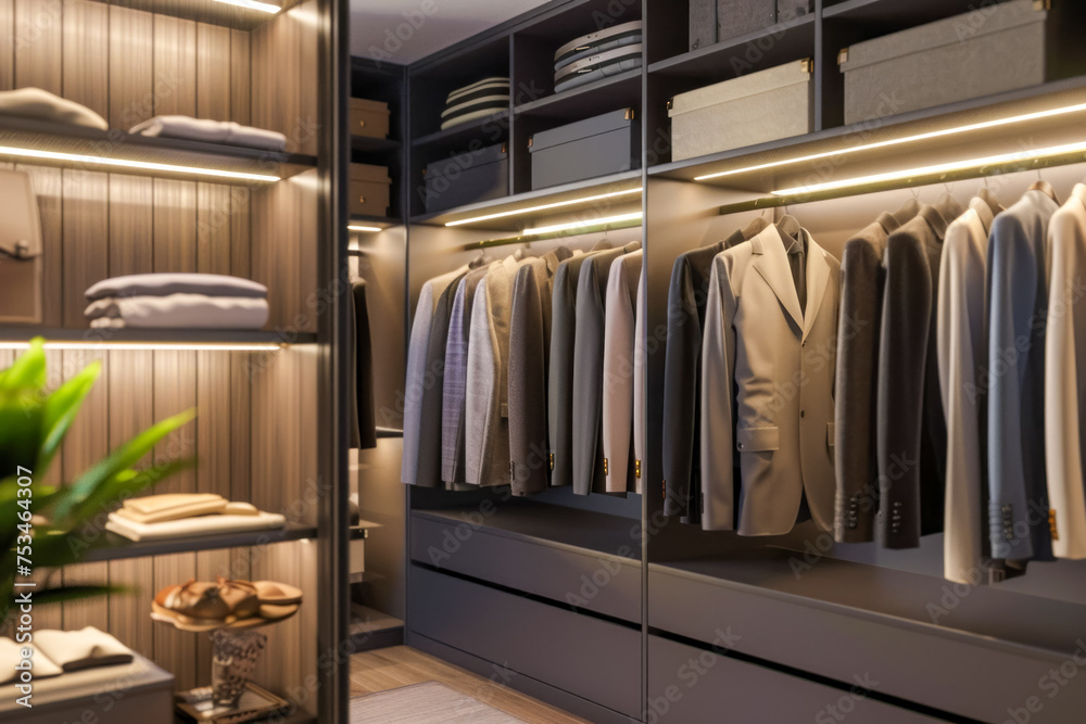 Elegant Walk-in Closet with LED Lighting Showcasing Suits and Organized Shelves