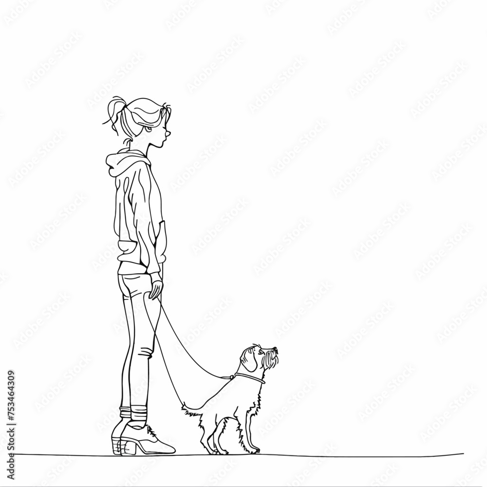 Line Art Woman Walk With Dog Pet Line Art Woman Walk With Dog Pet
