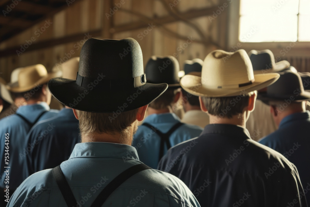 Gathering of Amish Men in Hats from Behind at a Community Event in a Barn