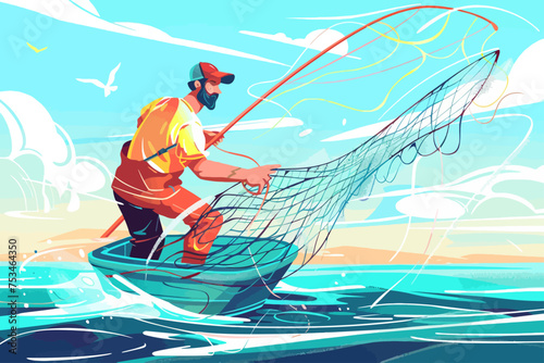 Fisherman Pull Net From Water