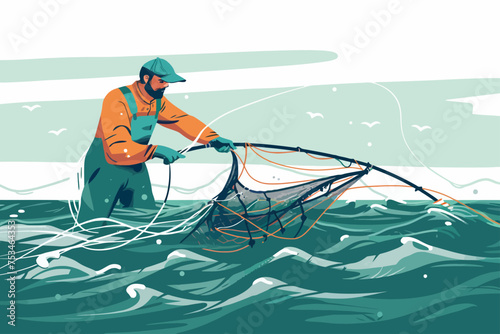Fisherman Pull Net From Water