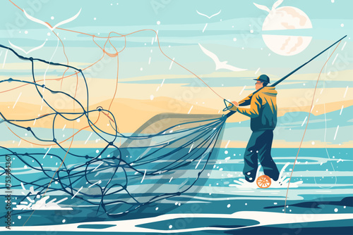 Fisherman Pull Net From Water