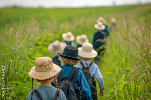 Group of Children in Straw Hats Walking Through Lush Green Field on a Nature Hike