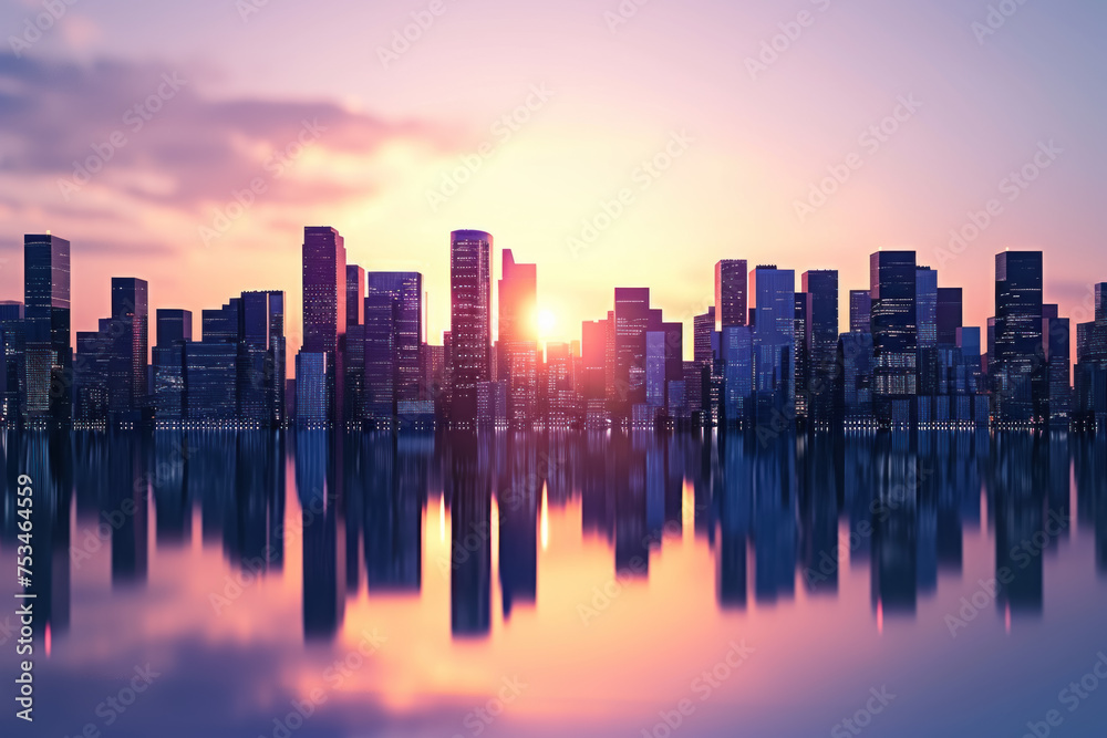  Serene city skyline reflected on water at sunrise with vibrant hues in the sky