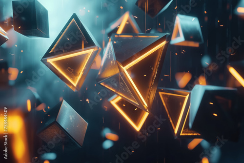 Illuminated Geometric Shapes with Glowing Edges in a Dynamic Abstract Composition