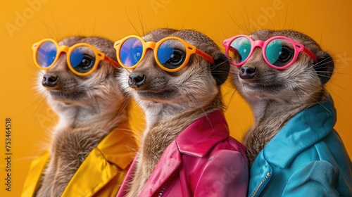 creative animal concept meerkat in a group vibrant bright fashionable outfits isolated on solid background