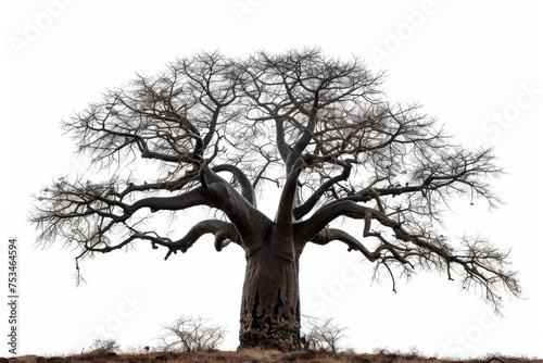 stark silhouette of a majestic baobab tree, devoid of leaves, creates a dramatic contrast against the light backdrop