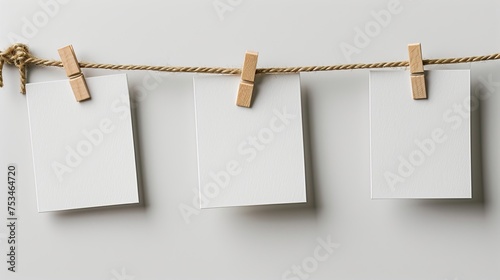 Three blank white sheets of paper drying on a clothesline secured with wooden clothespins photo